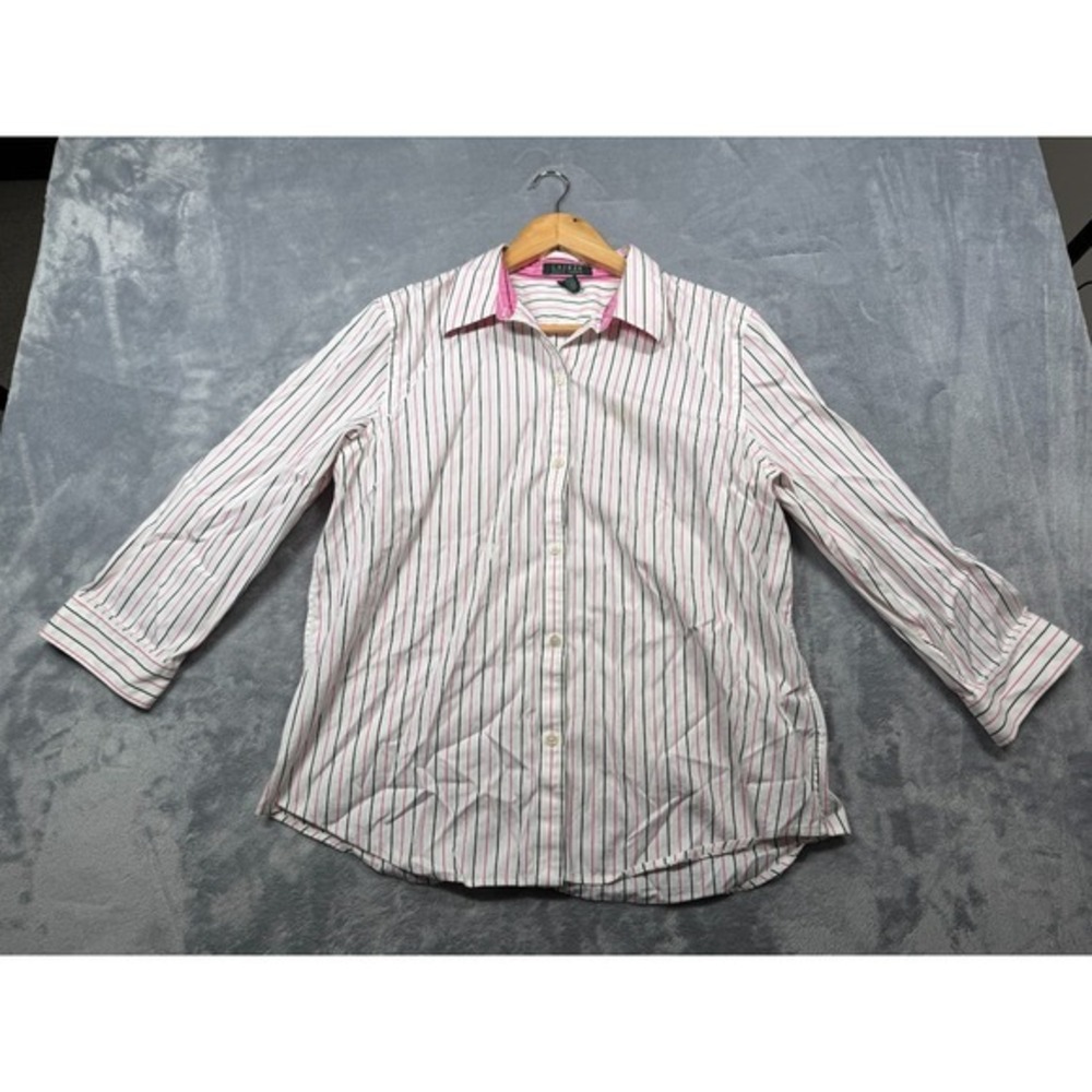 Lauren Ralph Lauren Shirt Womens XL White Pink Striped Curved Hem Button Up - Picture 1 of 5